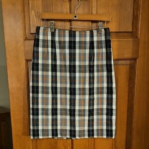 Wool Plaid Pencil Skirt in Black, Gray, Red, And Yellow, Size 8